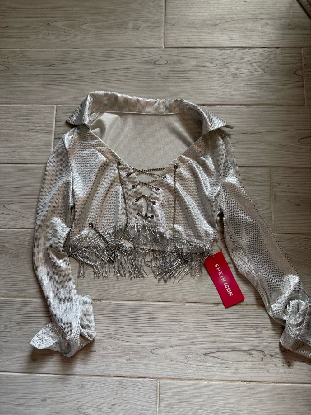 NWT Silver Lace-Up Fringe Crop Top